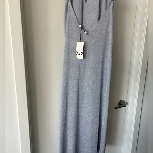 ZARA Halter Neck Maxi Dress in metallic woven silver NWT large - Picture 5 of 7